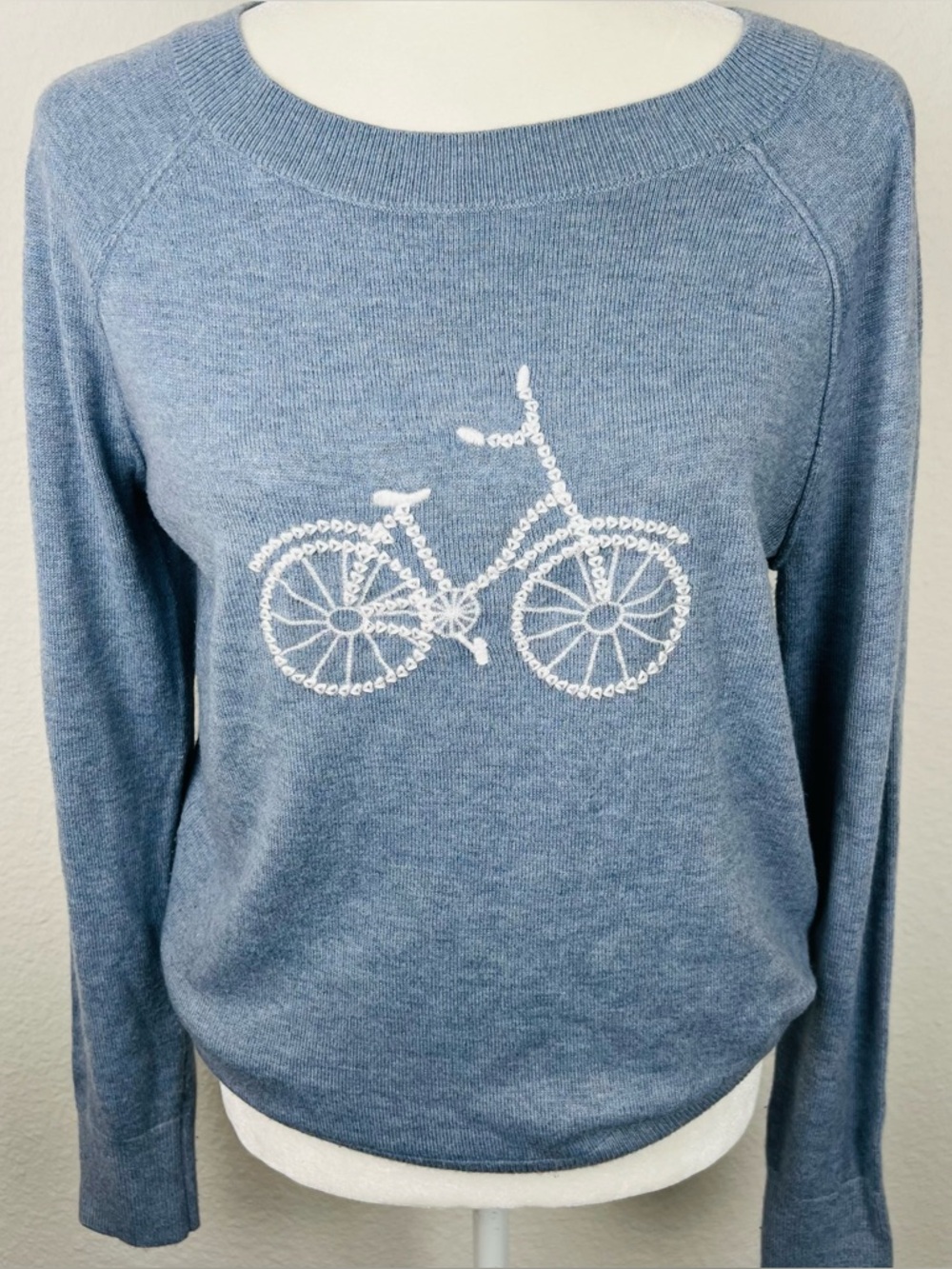 Loft Blue  Bicycle Embroidered Pullover Sweater